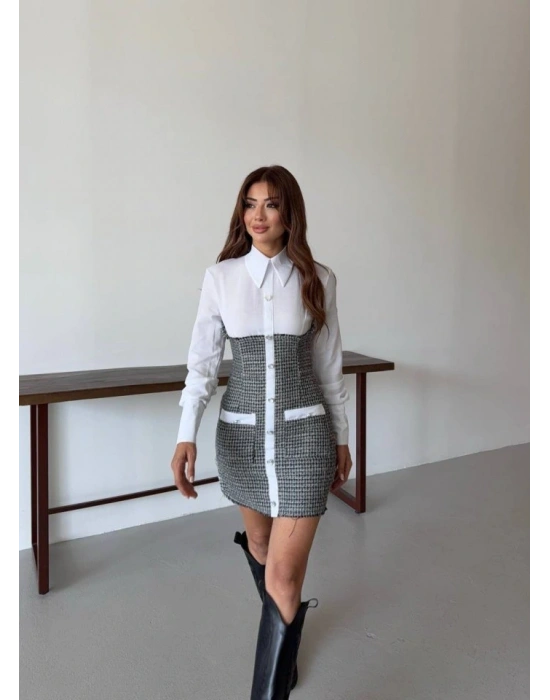 KADIN UZUN KOU CEP VE DÜĞME DETAY MİNİ GÖMEK EBİSE