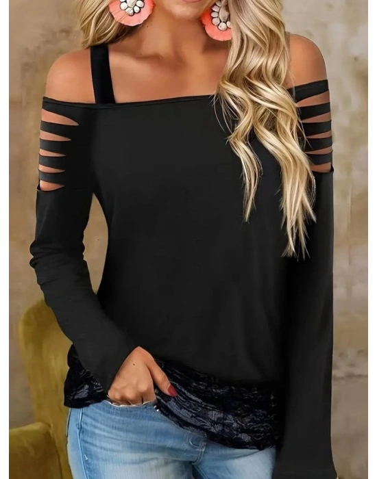 Kadın Uzun Lazer Kesik Detaylı Askılı Viskon Iki Iplik Bluz