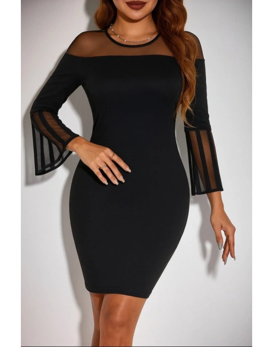 Kadın Uzun şeffaf şerit Kollu Madonna Yaka Vücudu Saran Dalgıç Kısa Elbise