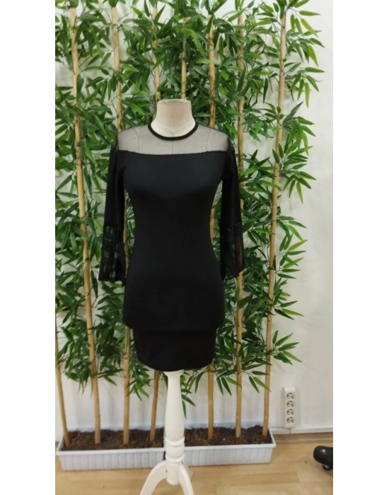 Kadın Uzun şeffaf şerit Kollu Madonna Yaka Vücudu Saran Dalgıç Kısa Elbise