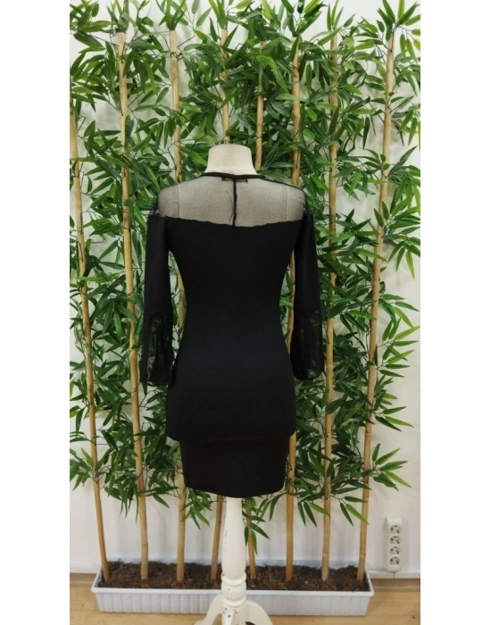 Kadın Uzun şeffaf şerit Kollu Madonna Yaka Vücudu Saran Dalgıç Kısa Elbise