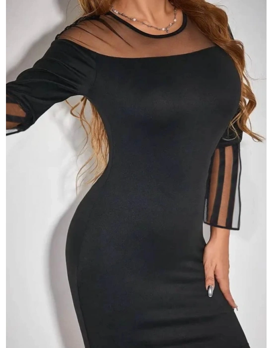 Kadın Uzun şeffaf şerit Kollu Madonna Yaka Vücudu Saran Dalgıç Kısa Elbise