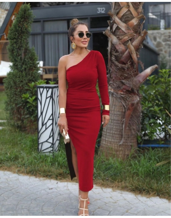 Kadın Uzun Tek Kollu Yanı Büzgü Yırtmaçlı Sandy Midi Boy Elbise