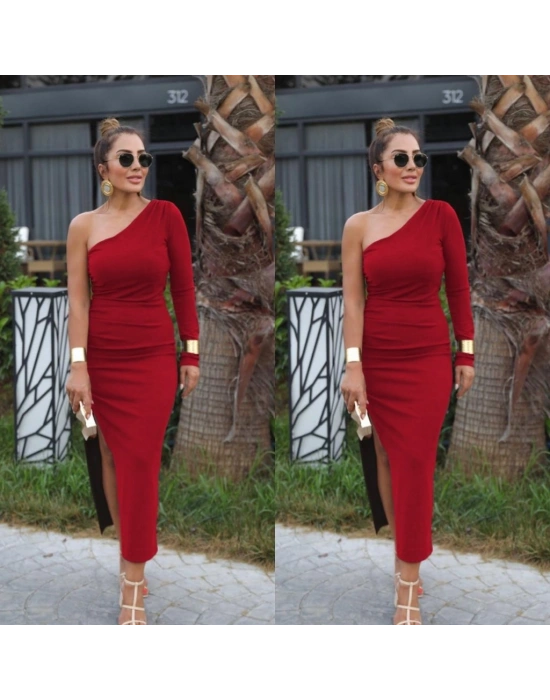 Kadın Uzun Tek Kollu Yanı Büzgü Yırtmaçlı Sandy Midi Boy Elbise