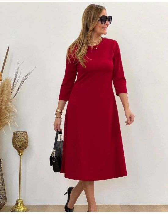 Kadın Uzun Truvakar Kol Bisiklet Yaka Midi Modal Elbise