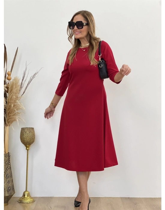 Kadın Uzun Truvakar Kol Bisiklet Yaka Midi Modal Elbise