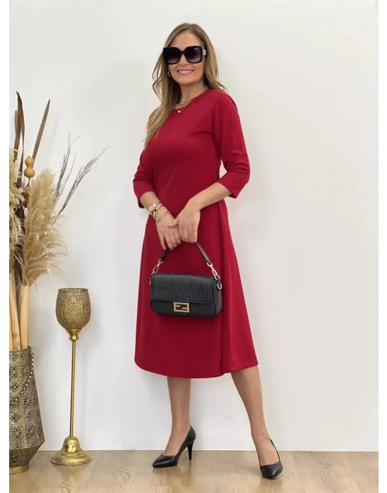 Kadın Uzun Truvakar Kol Bisiklet Yaka Midi Modal Elbise