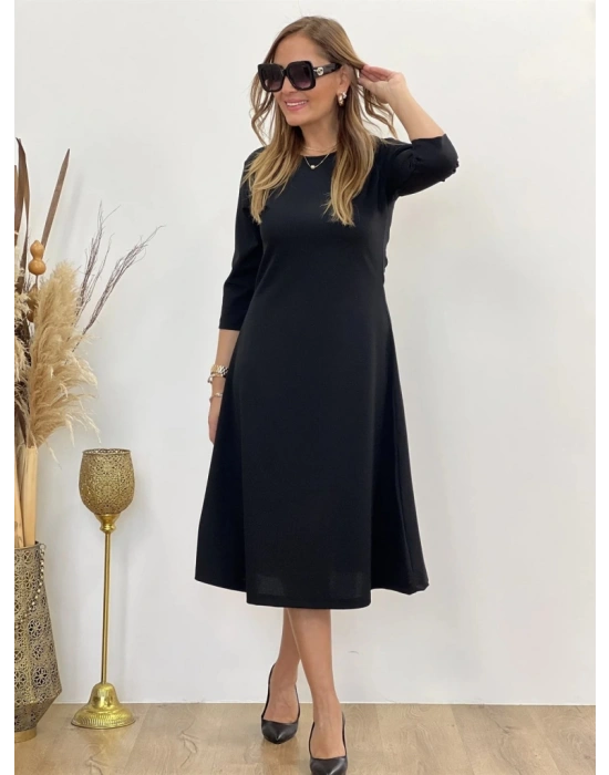 Kadın Uzun Truvakar Kol Bisiklet Yaka Midi Modal Elbise