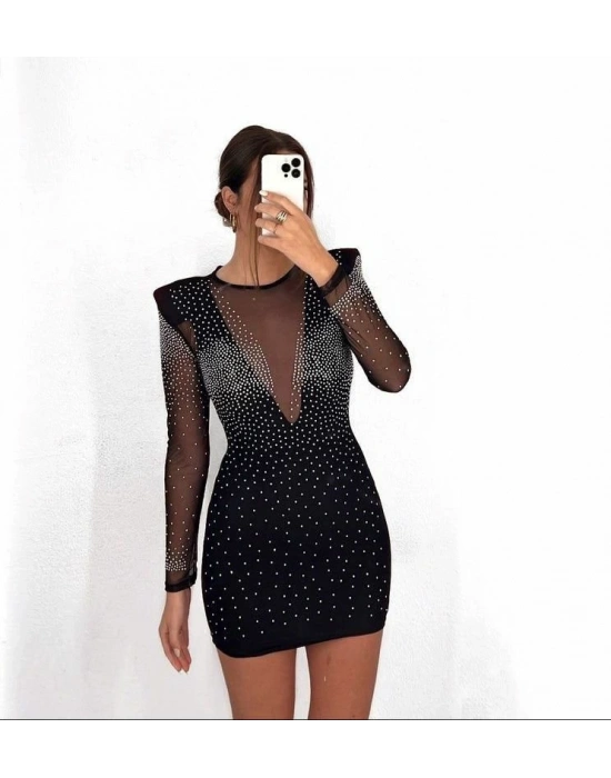 Kadın Uzun Tül Kol ön Kısım Ve Kol Taşlı Sandy Kumaş Mini Boy Elbise