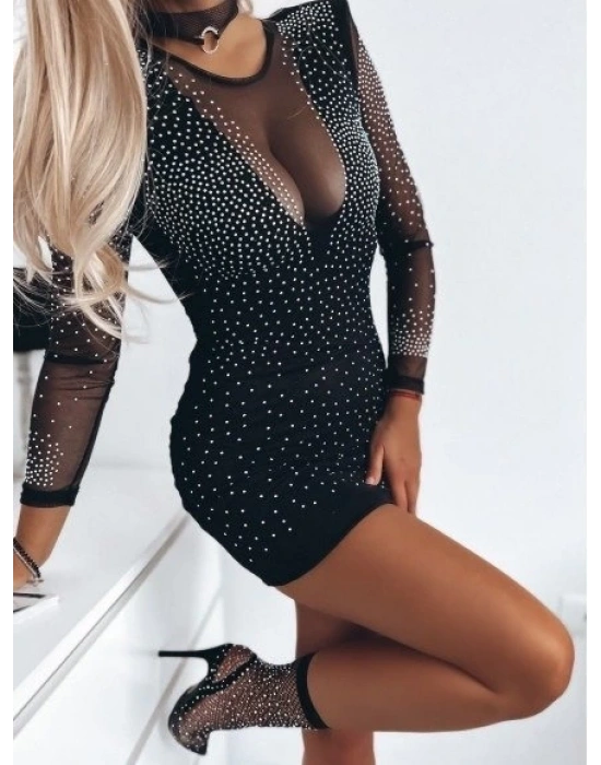 Kadın Uzun Tül Kol ön Kısım Ve Kol Taşlı Sandy Kumaş Mini Boy Elbise