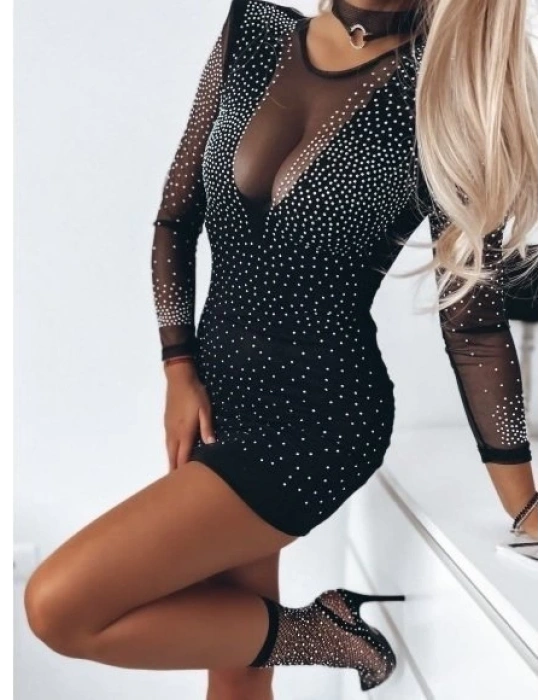 Kadın Uzun Tül Kol ön Kısım Ve Kol Taşlı Sandy Kumaş Mini Boy Elbise