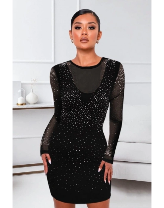 Kadın Uzun Tül Kol ön Kısım Ve Kol Taşlı Sandy Kumaş Mini Boy Elbise