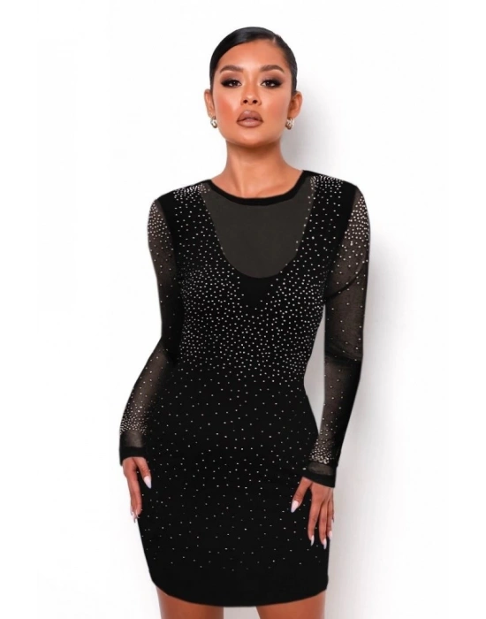 Kadın Uzun Tül Kol ön Kısım Ve Kol Taşlı Sandy Kumaş Mini Boy Elbise