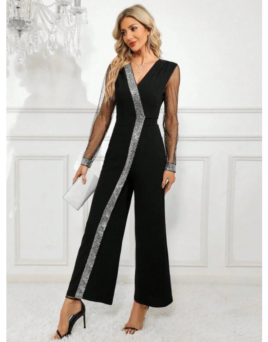 Kadın Uzun V Yakalı önden Pulpayet Detaylı Tüllü Uzun Ithal Krep Tulum