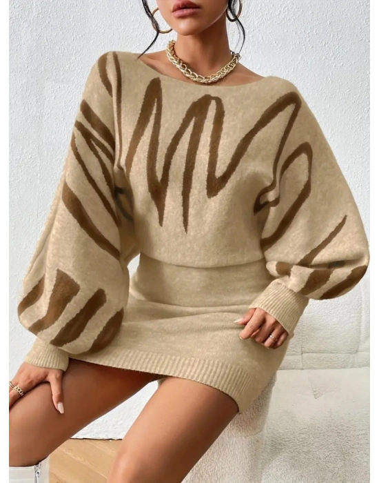 Kadın Uzun Yarasa Kollu Kayık Yaka Kısa Triko Elbise