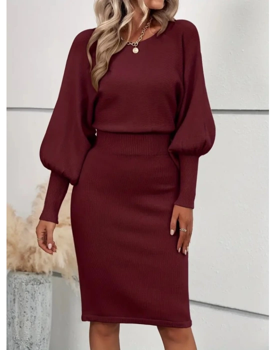 Kadın Uzun Yarasa Kollu Yakası Açık Belden Oturtmalı Kısa Triko Elbise