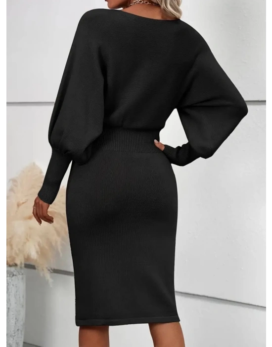 Kadın Uzun Yarasa Kollu Yakası Açık Belden Oturtmalı Kısa Triko Elbise