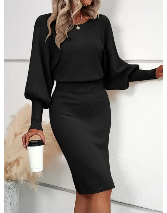 Kadın Uzun Yarasa Kollu Yakası Açık Belden Oturtmalı Kısa Triko Elbise