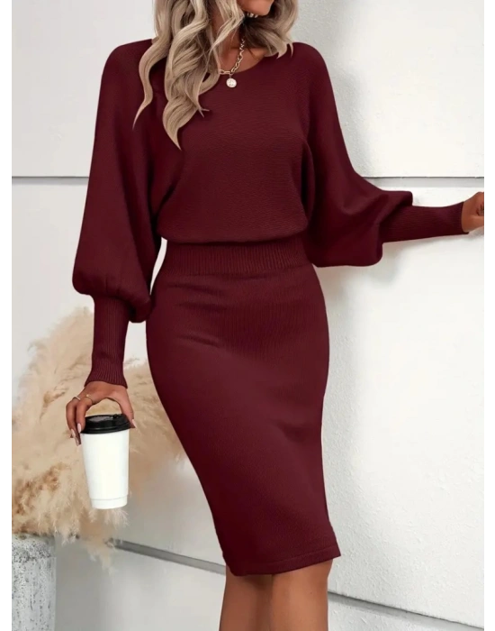 Kadın Uzun Yarasa Kollu Yakası Açık Belden Oturtmalı Kısa Triko Elbise