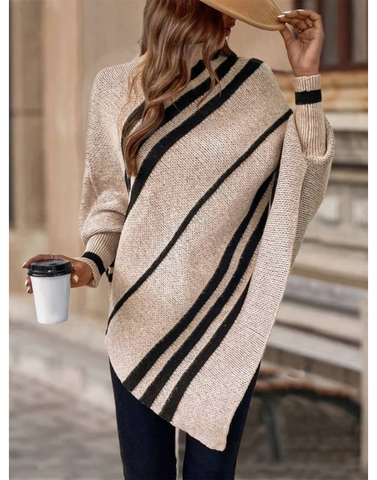 Kadın Uzun Yarasa Kollu Yüksek Boyunlu Asimetrik Kesim Triko Pelerin Kazak