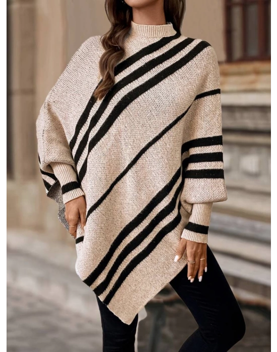 Kadın Uzun Yarasa Kollu Yüksek Boyunlu Asimetrik Kesim Triko Pelerin Kazak