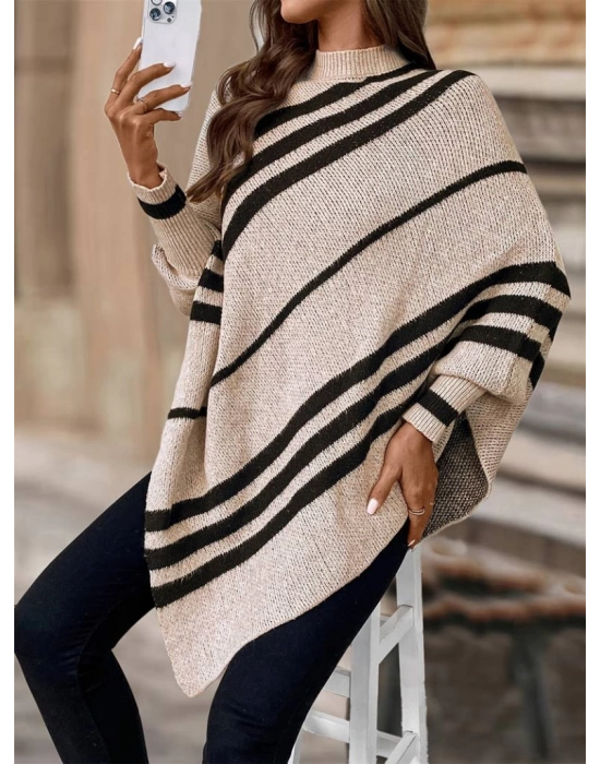 Kadın Uzun Yarasa Kollu Yüksek Boyunlu Asimetrik Kesim Triko Pelerin Kazak