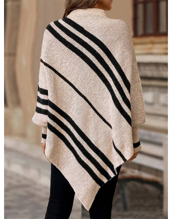 Kadın Uzun Yarasa Kollu Yüksek Boyunlu Asimetrik Kesim Triko Pelerin Kazak