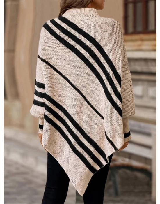 Kadın Uzun Yarasa Kollu Yüksek Boyunlu Asimetrik Kesim Triko Pelerin Kazak