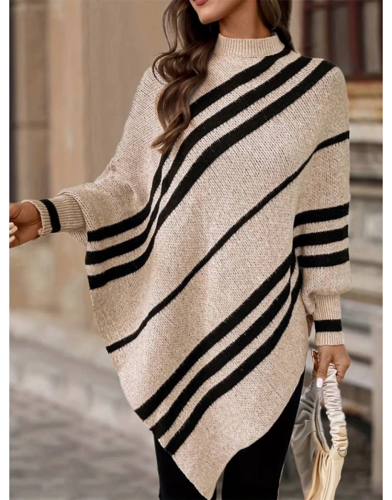 Kadın Uzun Yarasa Kollu Yüksek Boyunlu Asimetrik Kesim Triko Pelerin Kazak