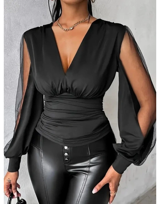 Kadın Uzun Yırtmaç Tül Detaylı Derin V Yakalı Sandy Bluz