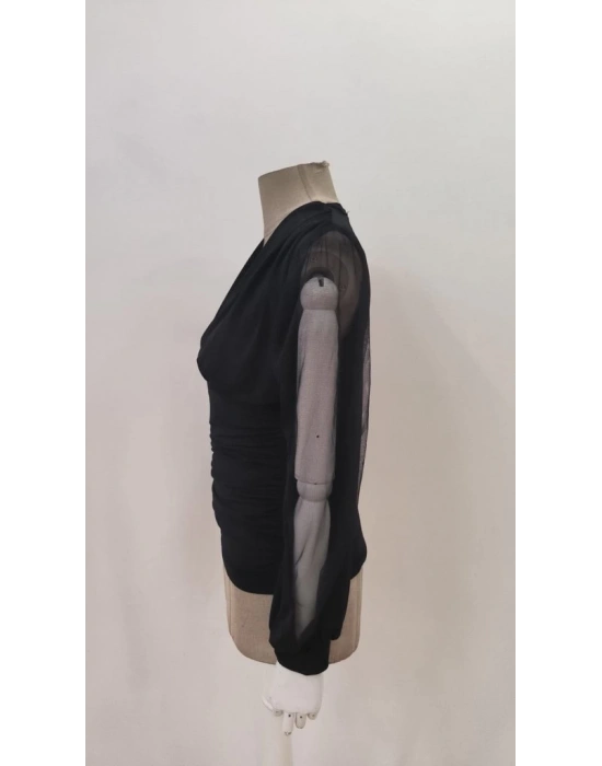 Kadın Uzun Yırtmaç Tül Detaylı Derin V Yakalı Sandy Bluz