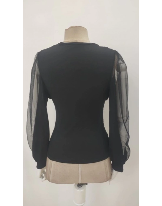 Kadın Uzun Yırtmaç Tül Detaylı Derin V Yakalı Sandy Bluz