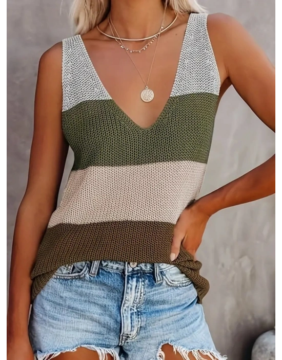 Kadın V Yaka 4 Renk Kolsuz Triko Bluz