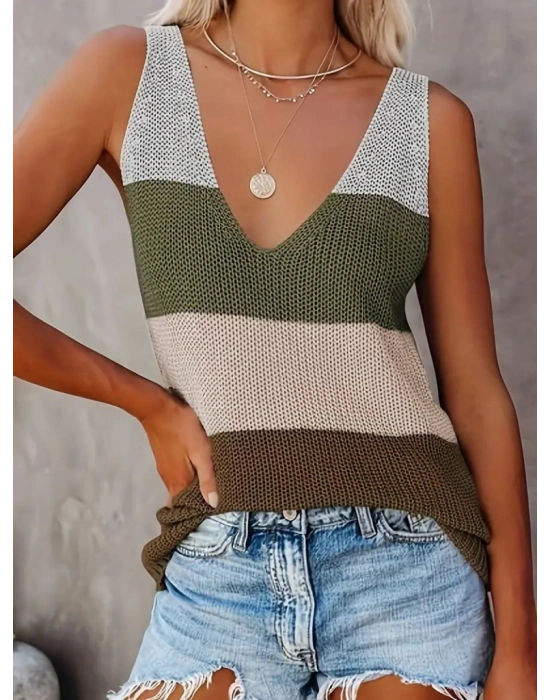 Kadın V Yaka 4 Renk Kolsuz Triko Bluz
