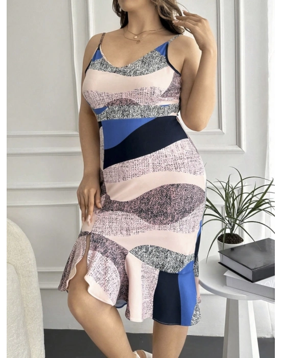 Kadın V Yaka Askılı Eteği Volanlı Yırtmaç Detay Desenli Dalgıç Büyük Beden Elbise