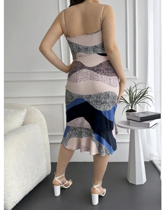 Kadın V Yaka Askılı Eteği Volanlı Yırtmaç Detay Desenli Dalgıç Büyük Beden Elbise