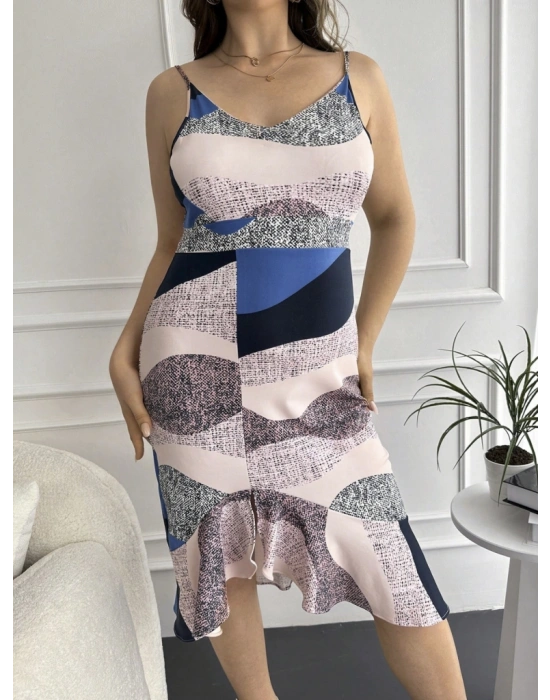 Kadın V Yaka Askılı Eteği Volanlı Yırtmaç Detay Desenli Dalgıç Büyük Beden Elbise