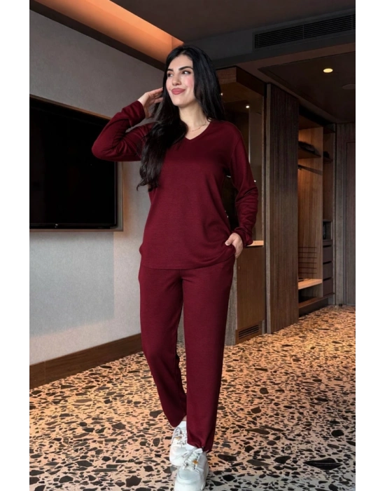Kadın V Yaka Bluz Ve Pantolon Ikili Takım