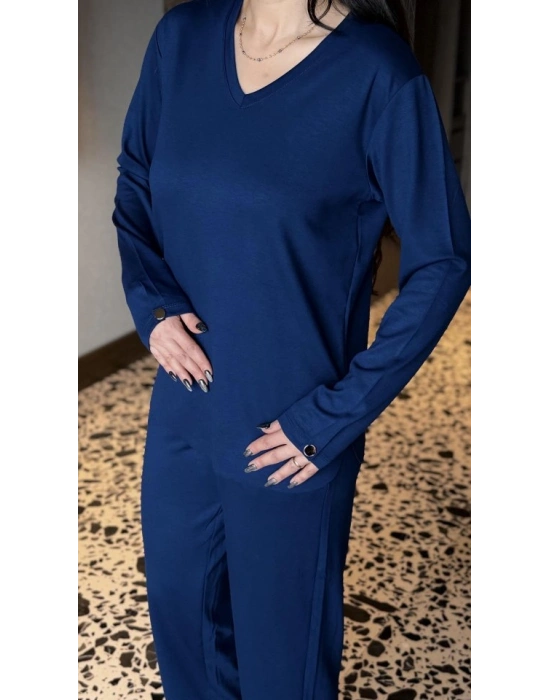 Kadın V Yaka Bluz Ve Pantolon Ikili Takım