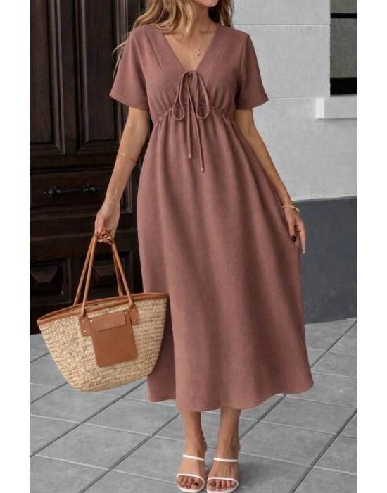 Kadın V Yaka Büzgülü Ip Detay Aerobin Kumaş Elbise