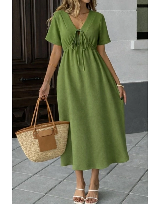 Kadın V Yaka Büzgülü Ip Detay Aerobin Kumaş Elbise