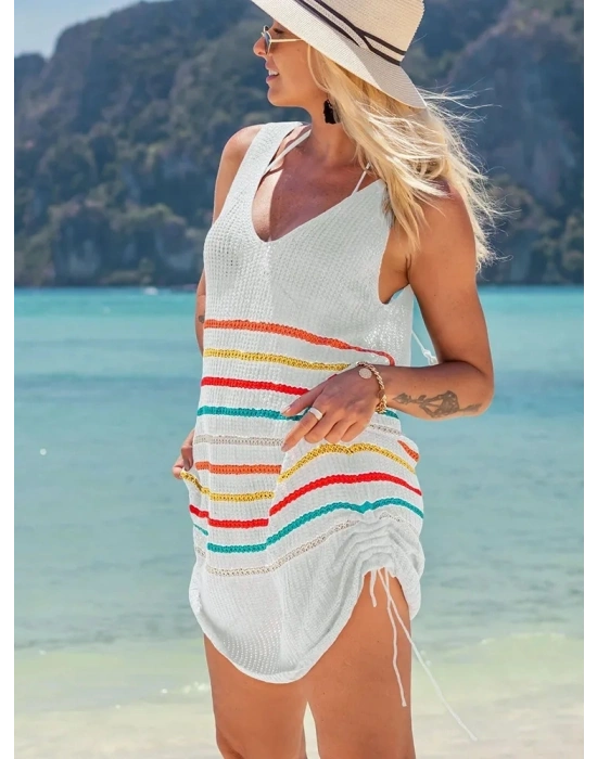 Kadın V Yaka çizgi Desenli Yanlar Asansör Büzgülü Triko Pareo