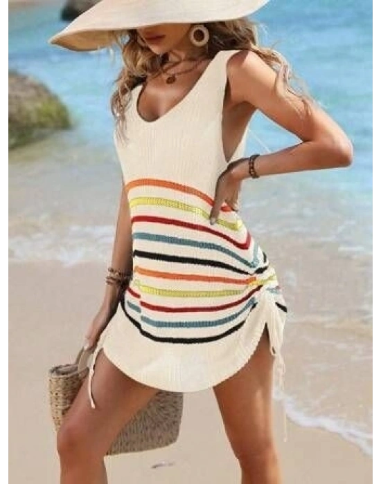 Kadın V Yaka çizgi Desenli Yanlar Asansör Büzgülü Triko Pareo