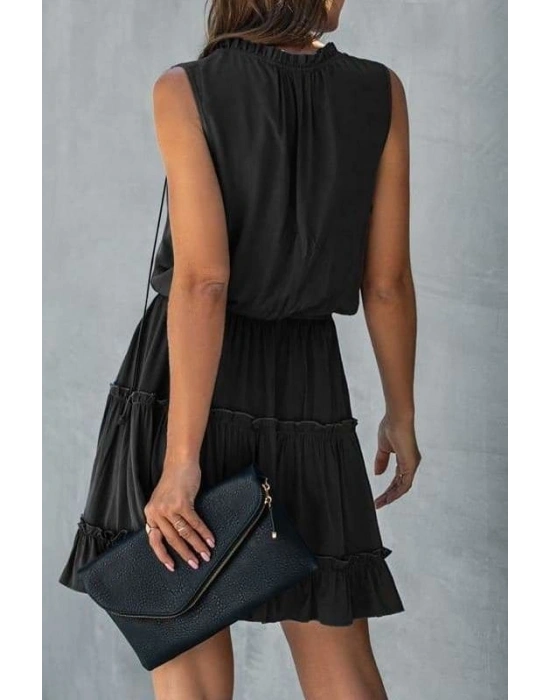 Kadın V Yaka Eteği Volanlı Ipek Ayrobin Kumaş Elbise