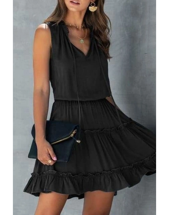 Kadın V Yaka Eteği Volanlı Ipek Ayrobin Kumaş Elbise