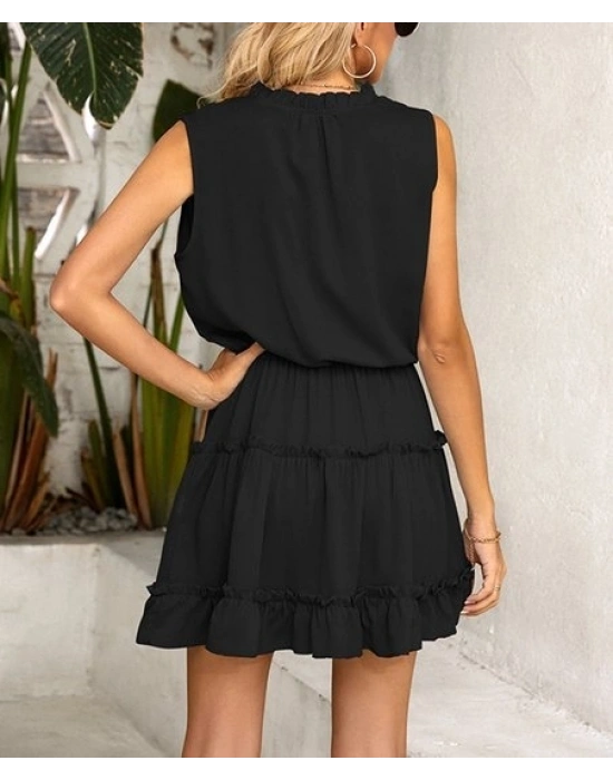 Kadın V Yaka Eteği Volanlı Ipek Ayrobin Kumaş Elbise