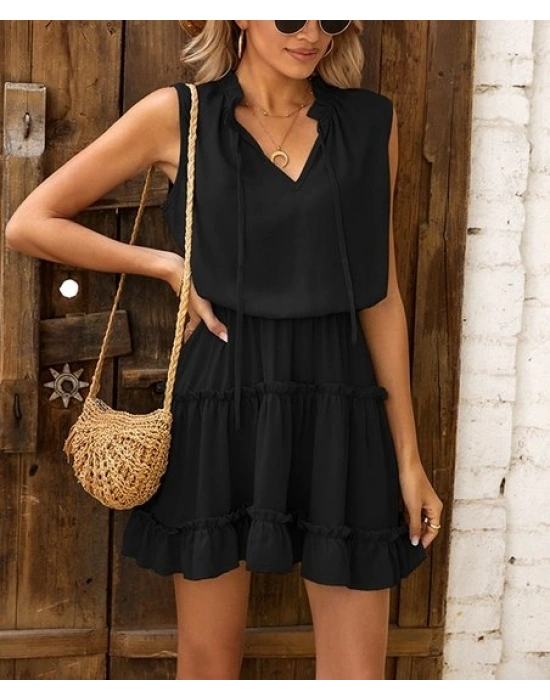 Kadın V Yaka Eteği Volanlı Ipek Ayrobin Kumaş Elbise