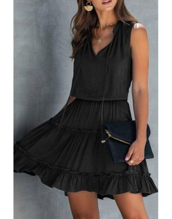 Kadın V Yaka Eteği Volanlı Ipek Ayrobin Kumaş Elbise