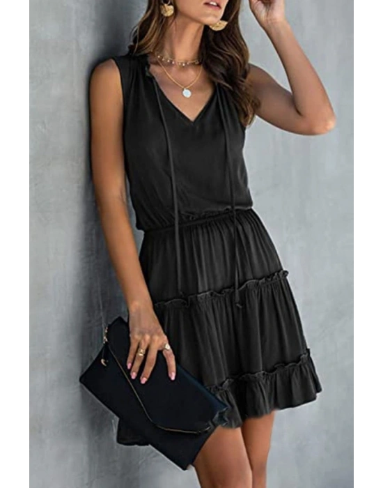 Kadın V Yaka Eteği Volanlı Ipek Ayrobin Kumaş Elbise