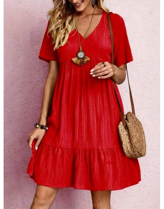 Kadın V Yaka, Fırfırlı Bürümcük Kumaş Elbise